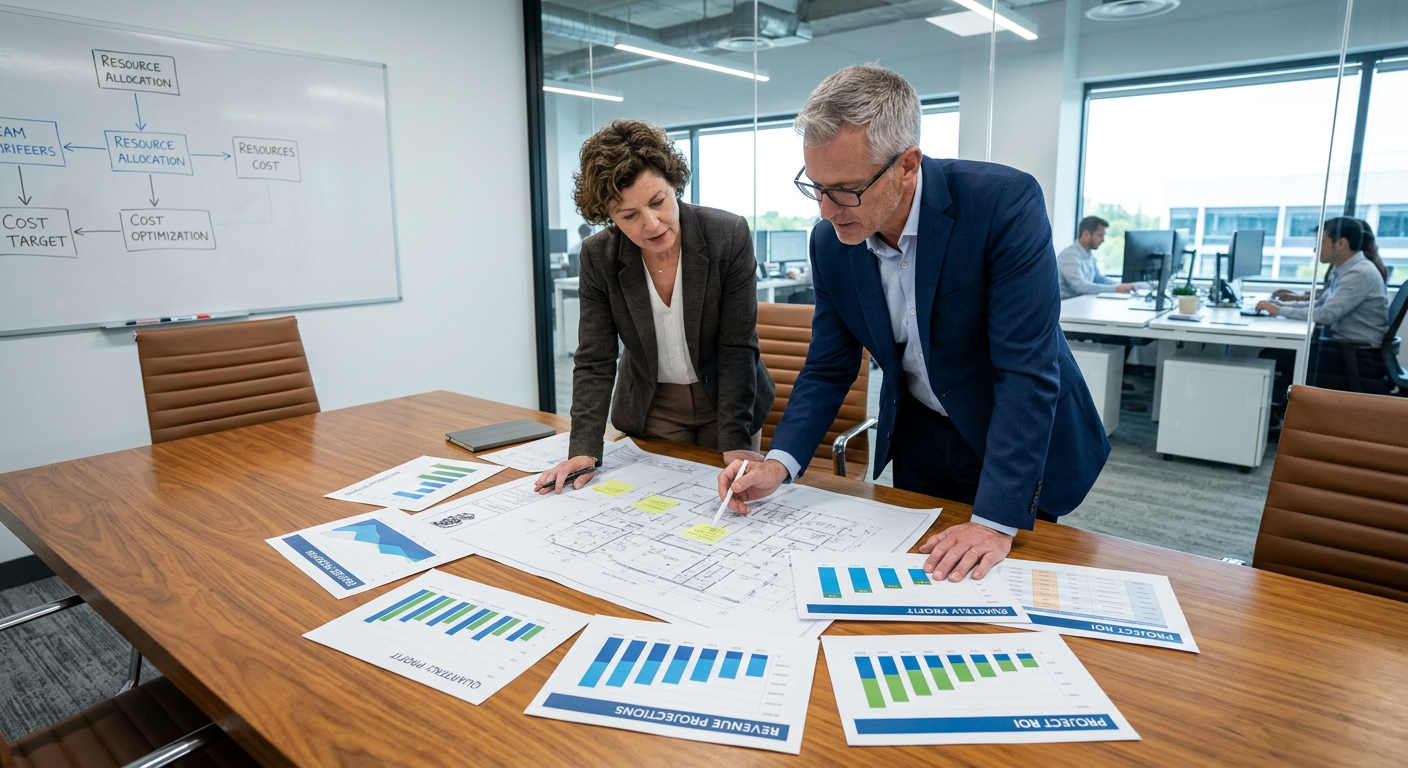 Business planning and data analysis meeting Two professionals reviewing architectural plans and financial charts on a table