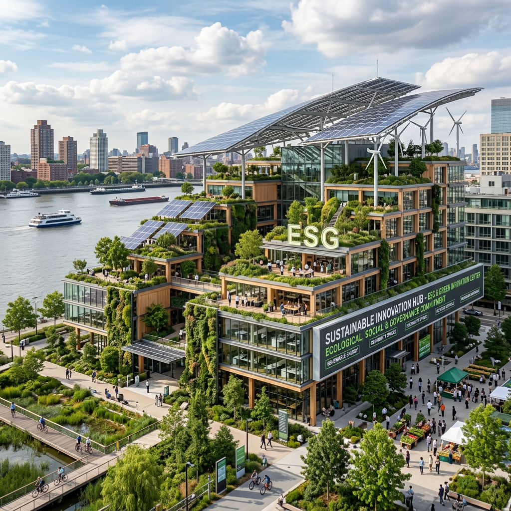 Eco-friendly innovation hub with solar panels, wind turbines, and green terraces