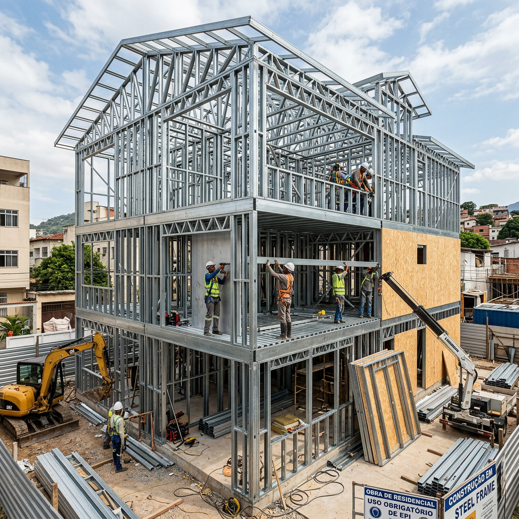 Multi-story steel frame house under construction with workers installing panels and beams